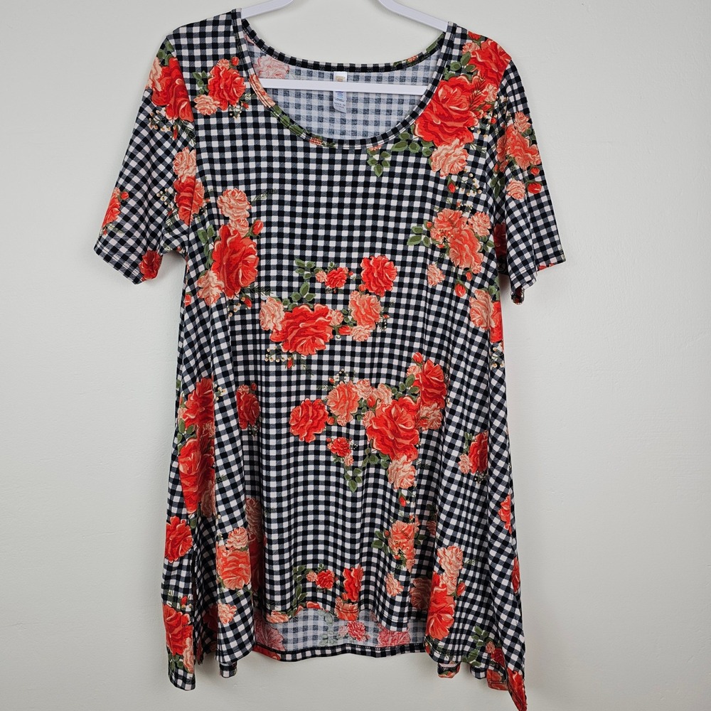 LuLaRoe Tunic Top Women L Black White Gingham Red Floral Short Sleeve A-Line